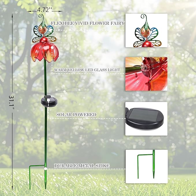 VCUTEKA Solar Garden Lights Metal Flower Decor Colorful Fairy Flowers Solar Pathway Light with LED Cracked Crystal Ball Outdoor Decorative Stake for Patio Yard Lawn