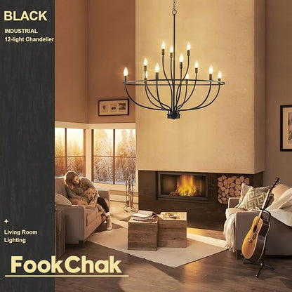 Black Chandelier 12 Light, Hallway Chandelier for Entryway High Ceiling Foyer Candle Chandeliers 36in Modern Farmhouse Light Fixture Chandeliers for Dining Room Master Bedroom Living Room