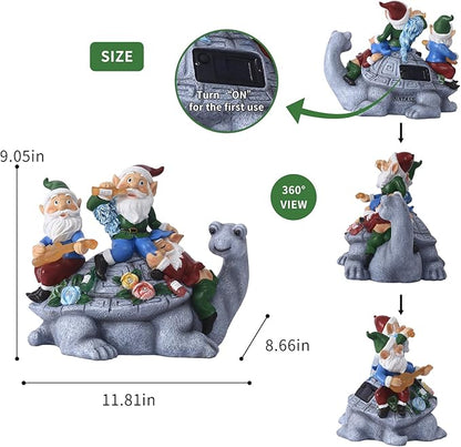 Upgraded Size Solar Garden Outdoor Statues Three Gnomes having party on turtle with 7 LED Solar Figurine for Lawn,Patio,Balcony,Yard Decor Unique Housewarming Gift, for grandfather, Father,Grandma,Wen