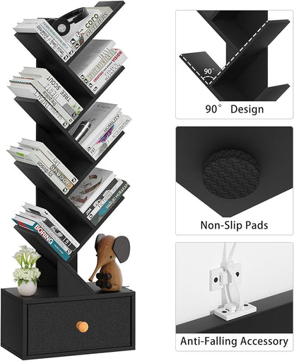 8 Tier Tree Bookshelf with Drawer, Free Standing Wood Bookcase for Living Room, Bedroom, Home Office, Space Saving Storage Organizer Bookshelves for Books, CDs, Vinyl Records- Black