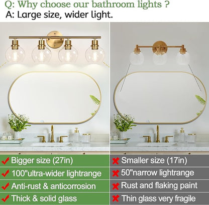 Indoi 4-Light Bathroom Light Fixtures,Gold Modern Vanity Lights Over Mirror with Clear Glass Globe Shade, Bathroom Wall Sconces for Mirror Kitchen Living Room Hallway Cabinet Bedroom Porch