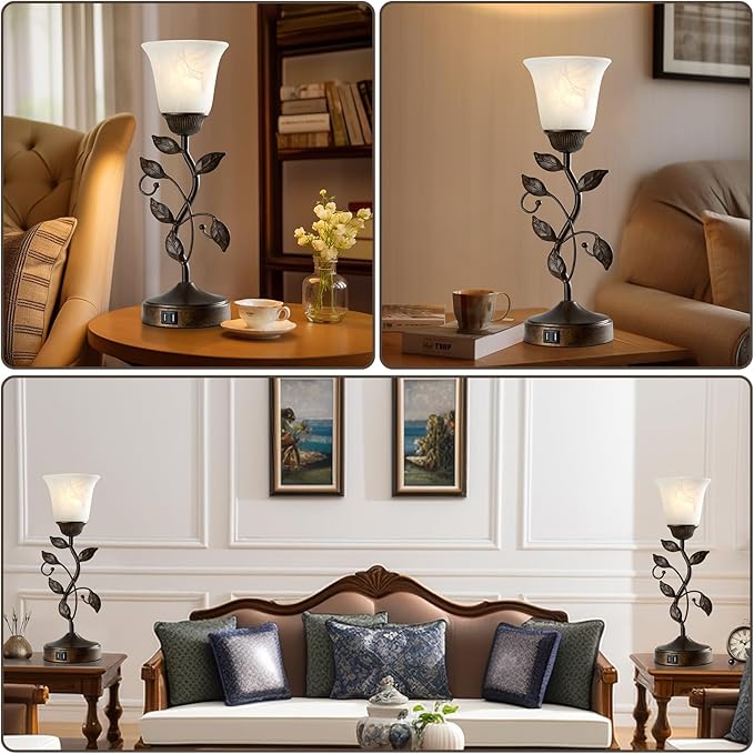 RORIANO Touch Bedside Table Lamp, Vintage Nightstand Lamp with 2 USB Ports for Living Room, 3 Way Dimmable Leaf Lamp Retro Table Lamp for Bedroom with White Glass Shade, LED Bulb Included
