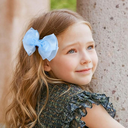 Blue Ribbon Hair Bows 4" Mesh Organza Hair Bow Alligator Clips Barrettes Ponytail Holder Decor Accessories for Women Girls Toddlers Teens Kids Children Back School Gift Set