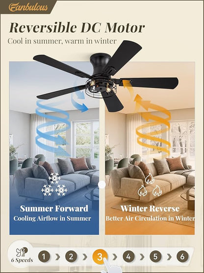 2 Pack Flush Mount 42 Inch Farmhouse Ceiling Fan with Light, Caged Ceiling Fans for Bedroom Living Room, Double-Sided 5 Blades Rustic Ceiling Fan-Black