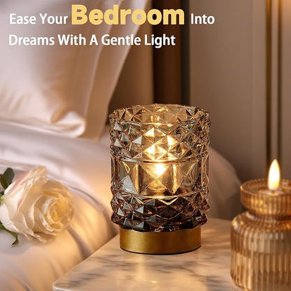 MJ PREMIER Battery Operated Lamp with Timer, Cordless Table Lamps for Shelf Decor, Rhombus Texture Aesthetic Crystal Lamp, Small Decorative Lamps for Bedroom/Bathroom/Kitchen/Entryway/Dorm (Grey)