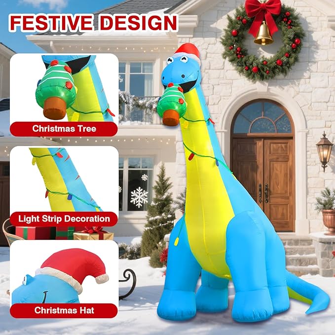Christmas Inflatable Outdoor Decorations, 10FT Giant Inflatables Dinosaur Yard Decor with Hat & Christmas Tree, LED Lights Blow up Holiday Decorations for Indoor Outside Lawn Garden