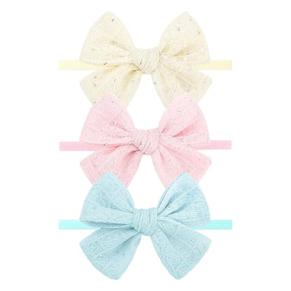YanJie 3PCS 4’’ Lace Hair Bow for Girls Soft Nylon Baby Headbands Rhinestone Pink Blue Off White Bows Hair Accessories for Newborn Infant Toddler Girl