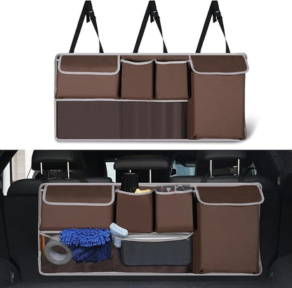 UYYE Trunk Hanging Organizer, Backseat Storage Bag, Collapsible Car Interior Accessories with 4 Pockets & 2 Mesh Pouches for Tools, Provide More Storage Trunk Space for SUV, Jeep, MPVs (Brown)