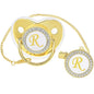 Bling Personalized Golden Baby Pacifier with Pacifier Clips and Anti-dust Cover A-Z 26 Letters(Gold,R)