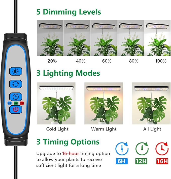 Aumtrly Grow Light, Full Spectrum Desktop Plant Lights for Indoor Growing Seedling 2 Pack, Large Area Lighting LED Grow Lamp with Base, Height Adjustable 26 Inch Black with 6/12/16H Timer
