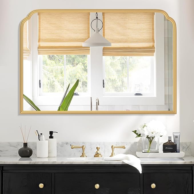 36X24 Inch Gold Bathroom Vanity Mirror for Over Sink, Modern Rounded Corner Fireplace Decor Mirror with Non-Rusting Iron Metal Framed