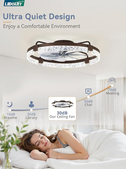 LEDIARY 24 Inch Low Profile Ceiling Fans with Lights and Remote, Flush Mount Fandelier Ceiling Fan, 3000K-6000K Dimmable LED Fan Light, Brown Modern Ceiling Fans with Lights for Bedroom