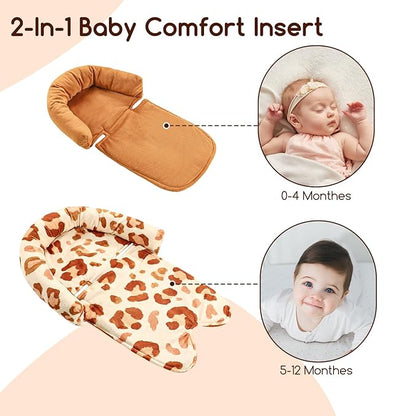 GFU Baby Car Seat Head Support for Newborn, 2 in 1 Infant Car Seat Head Body Support with Strap Pads, Soft Stroller Cushion Pillow Insert for Girls, Fits for Stroller, Swing, Brown