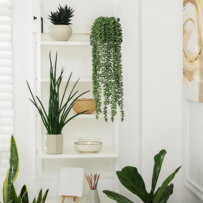 10 Pcs Artificial Succulents Hanging Plants, Fake String of Pearls Greenery Plants, Decoration for Wall Home Backdrop Garden Windows Balcony Indoor and Outdoor (10PCS Green)