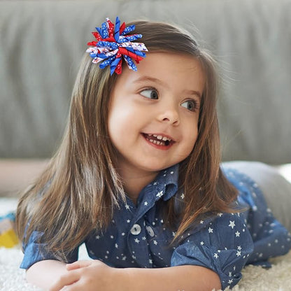 July 4th Korker Hair Bow Clip 3'' Kids Patriotic Curly Corker Fireworks Cheer Bow Alligator Barrettes Toddler Baby Girls Independence Day Christmas Party Favor Gift Accessories
