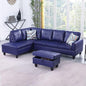 Blue L-Shaped 3-Piece Faux Leather Sofa with Storage Ottoman Set, Sectional Couch Sofa Set for Living Room, Office, Small Space