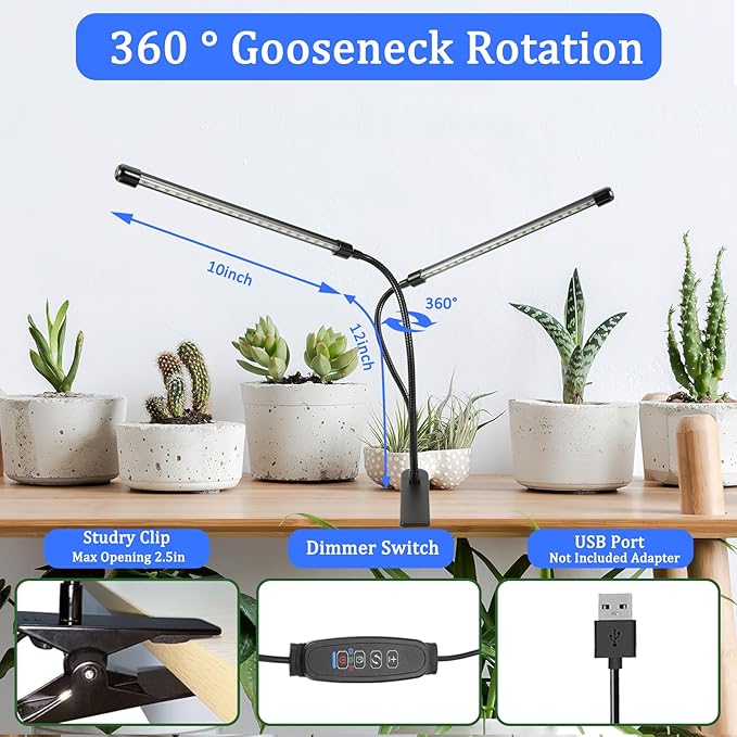 Grow Lights for Indoor Plants, Full Spectrum Plant Growing Lights with Auto On Off 3/9/12H Timer, 9 Level Dimmable, 3 Light Modes Clip on Grow Lamp for Indoor Seed Starting/Succulent, 2 Packs