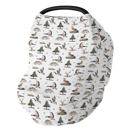 Retro Duck Hunting Car Seat Cover for Babies Vintage Flying Mallards Stretchy 5-in-1 Cover Adjustable Car Canopy Cover Wild Ducks Trees Leaves Breathable Nursing Cover-Up
