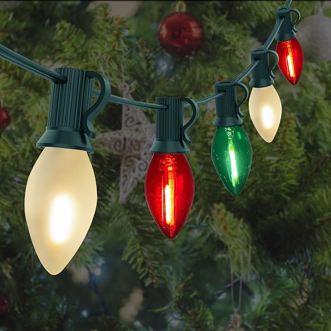 C7 LED Red White and Green Christmas Lights, 25Ft Outdoor Chritsmas String Lights Shatterproof with 27 LED Clear Multicolor Bulbs, Connectable Vintage Christmas Lights for Patio Garden Backyard Decor