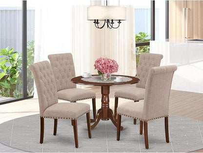 East West Furniture DLBR5-MAH-04 5 Piece Dining Room Furniture Set Includes a Round Dining Table with Dropleaf and 4 Light Tan Linen Fabric Upholstered Chairs, 42x42 Inch, Mahogany