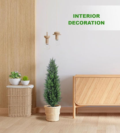 Two 3FT Tall Artificial Evergreen Trees, Beautiful and Realistic Human-Potted False Cypress, an Evergreen Plant for Home Porch Decoration,suitable for interior, office, living room and room decoration