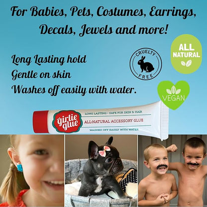 Girlie Glue and 30 stick-on accessories, Gentle Hair, Skin Adhesive for Babies & Pets, Non-Toxic, Long Lasting, Dries Clear, Washes Off with Water. 2 Tubes