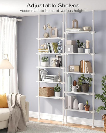 ALLZONE 5 Tiers Narrow Bookshelf, Tall Adjustable Ladder Book Shelf with Open Storage, Floor to Ceiling Tension Mount, Wooden Industrial Bookcase for Living Room, 92 to 116 Inch, White