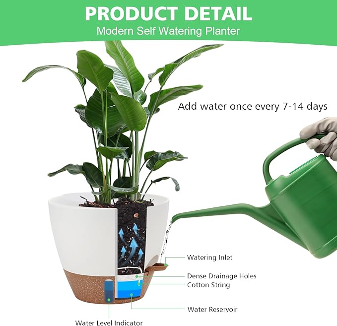 12" 10" 9" 8" Self Watering Pots with Water Level Indicator, Large Plastic Planters Set with Mesh Drainage Hole and Removable Saucer Reservoir, Big Flower Pot for Indoor Outdoor Plants - White