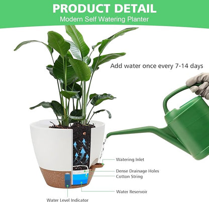 12" 10" 9" 8" Self Watering Pots with Water Level Indicator, Large Plastic Planters Set with Mesh Drainage Hole and Removable Saucer Reservoir, Big Flower Pot for Indoor Outdoor Plants - White