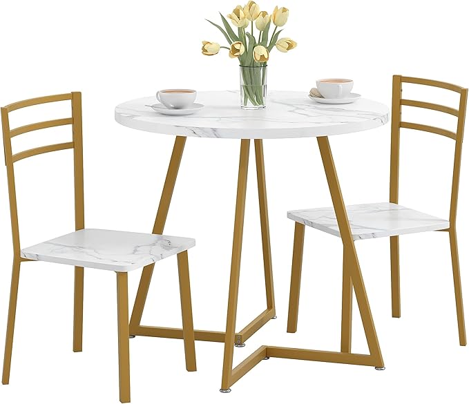 VECELO Small Round Dining Table Set for 2, Wood Tabletop with Strong Metal Frame, Modern Dinette with Chairs for Kitchen, Breakfast Nook Living Room, White & Gold
