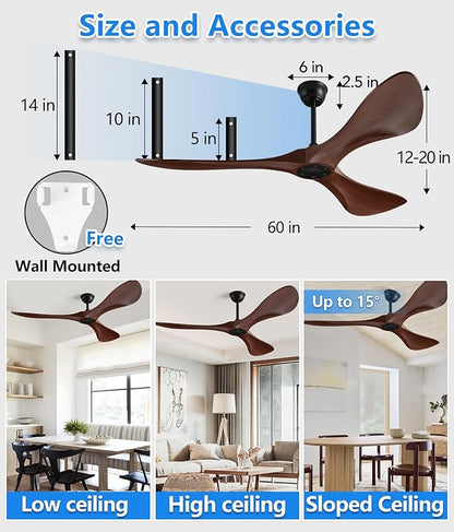 60 in Ceiling Fan of 7400+CFM High Airflow with Mute Remote Control,Ceiling Fan no light for Indoor/Outdoor Patios.6 Speed Noiseless Reversible DC Motor,Easy to Install with Timer for Living Room
