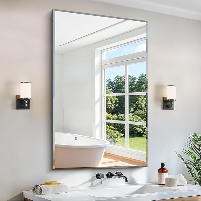 Beveled Bathroom Mirror, 30x48 Inch Large Frameless Mirrors for Wall, Upgraded Shatterproof Beveled Frameless Vanity Mirror for Bathroom,Bedroom,Living Room and Entryway