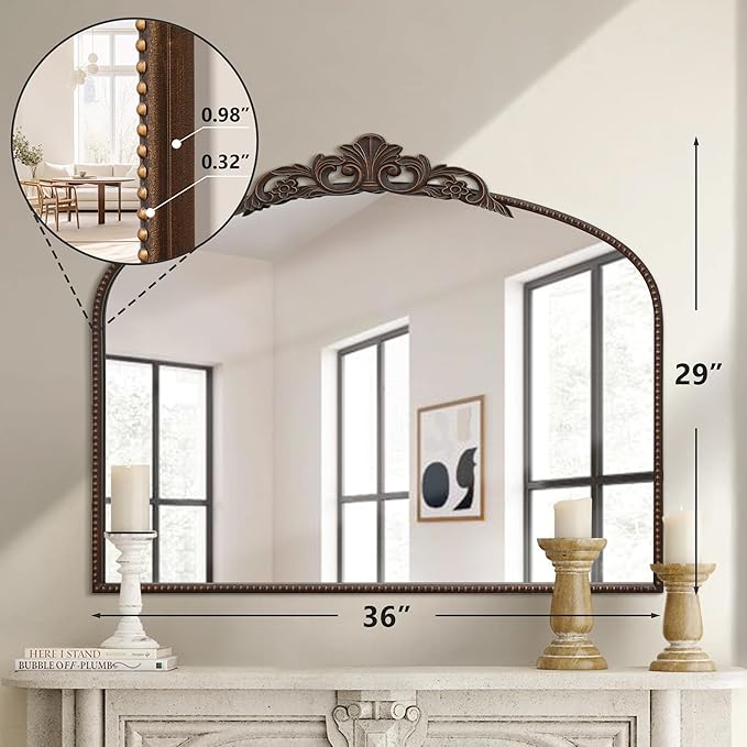 Micasso Bronze Vintage Arched Mirror: 29x36 in French Baroque Antique Wall Mounted Mirror - Traditional Ornate Decorative Mirror for Mantle/Fireplace/Living Room/Bedroom/Entryway/Hallway/Wall Decor