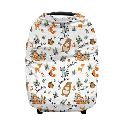 Personalized Baby Car Seat Cover for Boys Girls, Custom Woodland Animals Nursing Covers for Breastfeeding with Name, Infant Stroller Cover, Baby Carseat Canopy for Newborn, Multiuse Car Seat Canopies