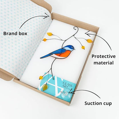 Gift Birds Handmade Stained Glass Suncatcher Genuine Stained Glass Window Hangings Unique Indoor Ornament & Outdoor Decor (Bluebird)