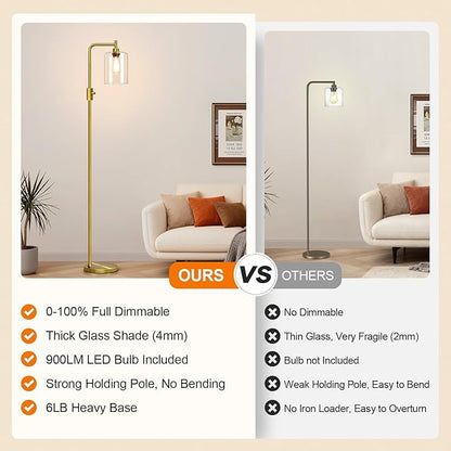 【Upgraded】Dimmable Floor Lamp for Living Room with Clear Glass Lampshade, Brass Modern Floor Lamp with 900LM Edison Bulb Included, Bright Standing Tall Lamp for Bedroom, Office, Reading Room, Corner