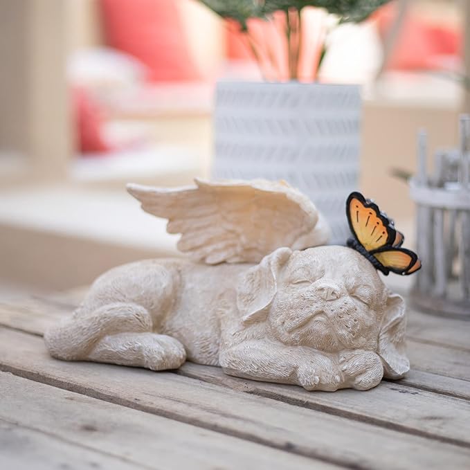 WONDER GARDEN Sleeping Dog Angel Statue with Solar Light - Pet Memorial Stone, in Memory of Dog, Marker Tribute Statues, Resin Guardian Angels, Bereavement Gift