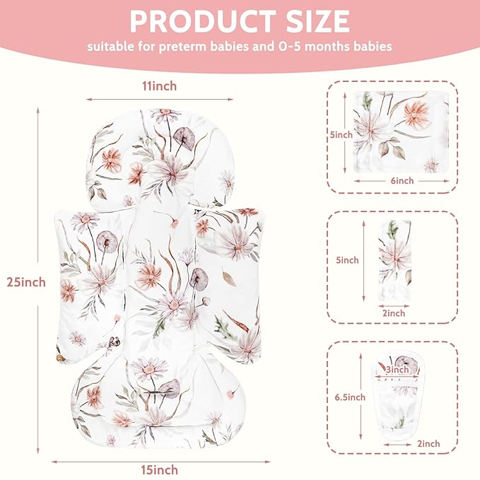 Infant Car Seat Insert and Strap Covers, Very Soft Car Seat Head Support Baby Girl Boy, Reversible Newborn Carseat Insert Cushion Fits for Stroller, Baby Swing, Bouncer (White Flower)