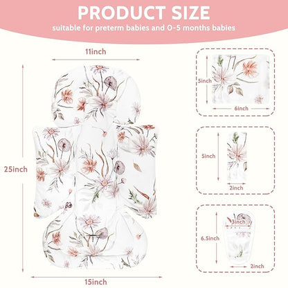Infant Car Seat Insert and Strap Covers, Very Soft Car Seat Head Support Baby Girl Boy, Reversible Newborn Carseat Insert Cushion Fits for Stroller, Baby Swing, Bouncer (White Flower)