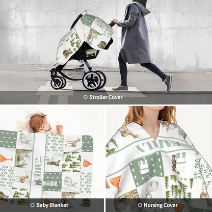 Personalized Baby Car Seat Canopy for Babies, Custom Name Car Seat Covers for Boys and Girls, Opening Minky Nursing Breastfeeding Cover for Infant, Carseat Canopies for Newborn (Wild Animals)