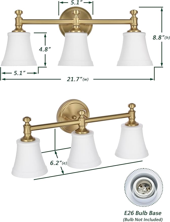 Bathroom Vanity Light Fixtures, Traditional Aged Brass 3 Lights Wall Sconce Lighting with Opal Glass Shade, Porch Wall Mount Light Fixture for Bathroom, Mirror Cabinets Hallway Stairs