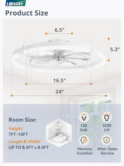 LEDIARY 2 Pack Ceiling Fans with Lights and Remote, 24'' Low Profile Ceiling Fan with Light, 3000-6000K Dimmable Fandelier LED Fan Light, 6 Wind Speeds, White Flush Mount Ceiling Fan for Bedroom