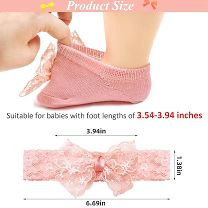 3 Pack Baby Girls Headbands and Socks Set Newborn Lace Bow Hairbands Non-Slip Grips Socks for Babies Infants and Toddlers (Beige, Pink, White)