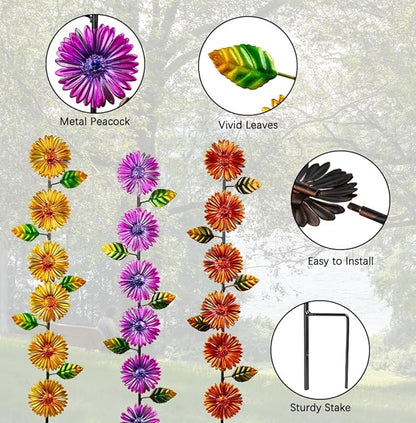Stargarden Metal Flowers Garden Stakes, 3 Pack Decorative Garden Stakes, Colorful Garden Decor Waterproof Metal Flowers for Outside, Lawn, Patio