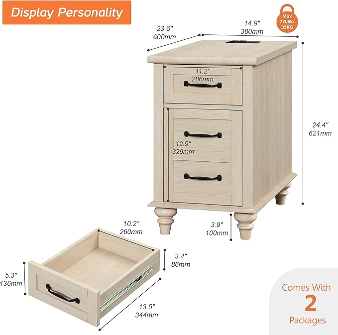WAMPAT Set of 2 End Tables with Charging Station, Beige Tall Side Table with Storage Cabinet & Drawer, Wooden Nightstands with Power Outlets & USB Ports for Bedroom, Living Room