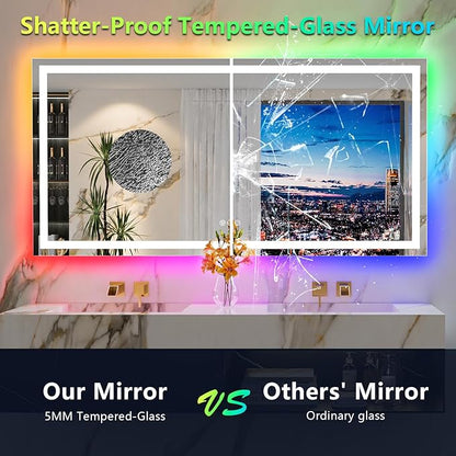 72x36 Inch RGB LED Bathroom Mirror Front Light and RGB Backlit Lighted Vanity Mirror for Bathroom Wall Mounted Dimmable Anti Fog Memory Shatter-Proof IP54 Waterproof Horizontal/Vertical