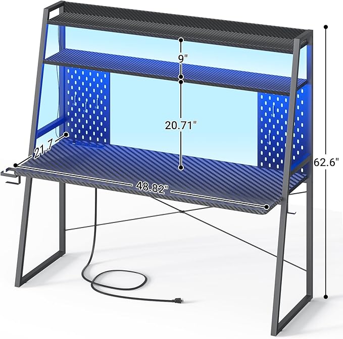 Gaming Desk with Hutch and LED Lights, Gaming Computer Desk with Power Outlets, Gamer Desk with Storage Shelves, PC Game Desks with Pegboards, for Bedroom, Carbon Fiber Black, 49"