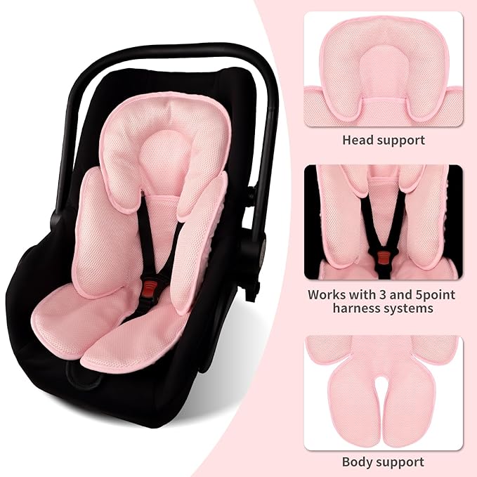 2-in-1 Baby Carseat Head Support, Infant Car Seat Insert for Girls Boys, Soft Babies Neck Support and Body Cushion for Stroller, Baby Swing, Bouncer (Pink)