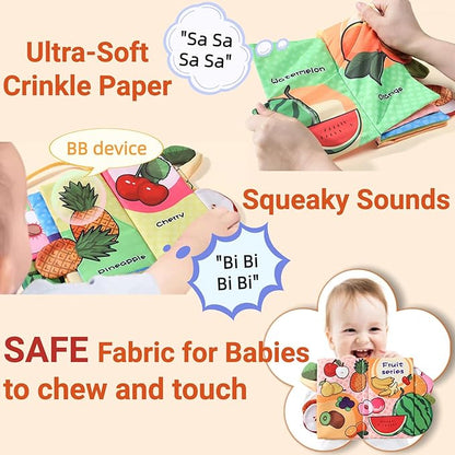 Baby Crinkle Books 0-6-12 Months, Infant Soft Cloth Tummy Time Toy for Babies 0-1-2-3-4-5-7-8-9-12-18 Month Old, Newborn Girl Boy Gift Touch Feel Sensory Fruit Theme Book Travel Stroller Toys