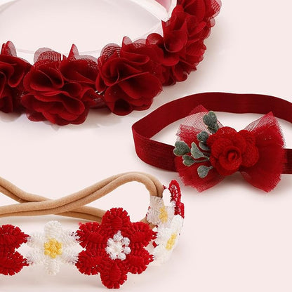 cherrboll Baby Girl Nylon Headbands, 3Pcs Handmade Floral Hair Bows, Stretchy Flower Hairbands for Newborns Infants Toddlers Christmas